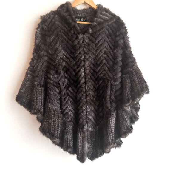 Belle Fare Denmark Woven Mink Fur Skin Grey Poncho L - Picture 4 of 12